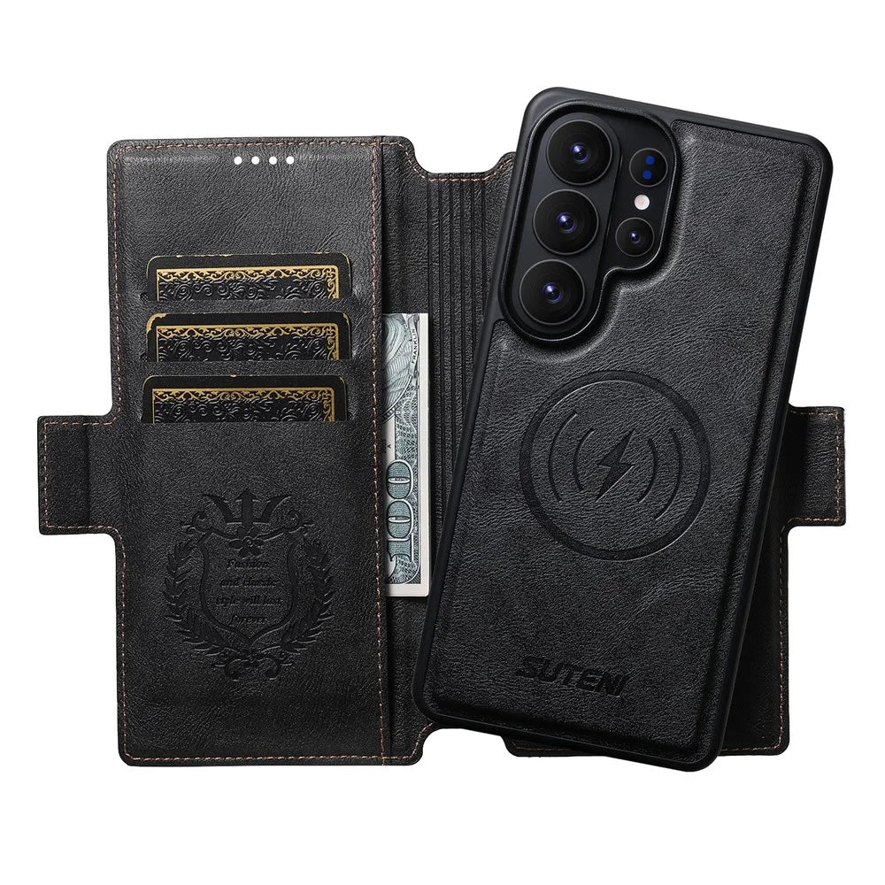 SUTENI Q-07 For Samsung Galaxy S26 Ultra Case Magnetic Color Splicing Cowhide Texture Leather Cover - Black - 2