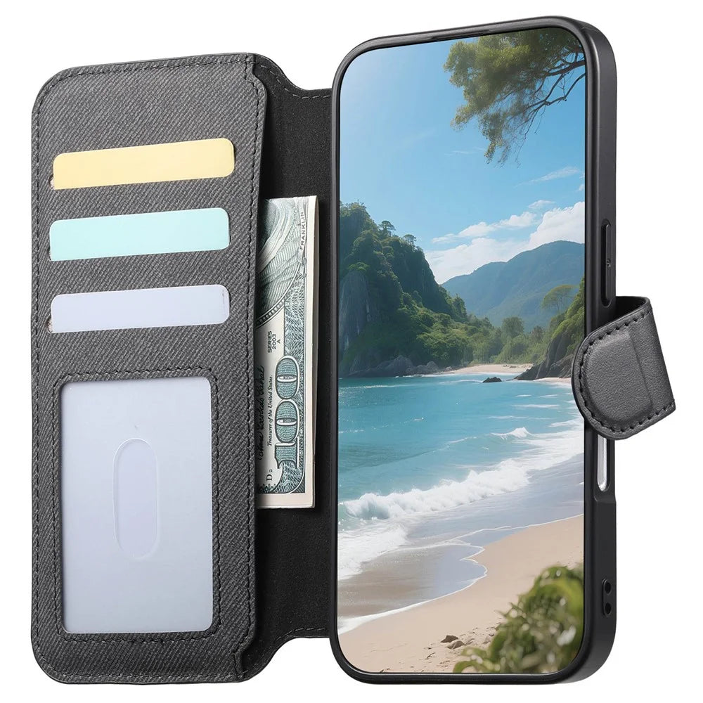For iPhone 18 Pro Max / 17 Pro Max Magnetic Case RFID Blocking Detachable Wallet Stand Cloth Texture Leather Phone Cover - Black - 2
