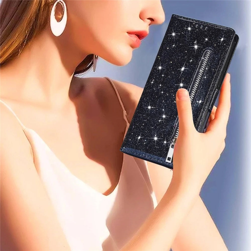 Shockproof Magnetic Clasp Phone Cover For Samsung Galaxy S23+, Zipper Pocket Glittery PU Leather Phone Case with Wallet Stand - Black - 5