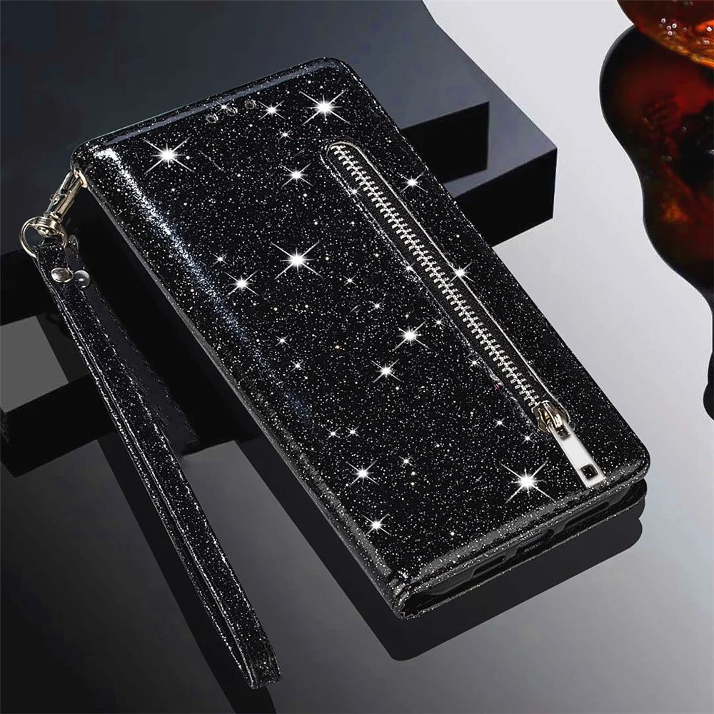 Shockproof Magnetic Clasp Phone Cover For Samsung Galaxy S23+, Zipper Pocket Glittery PU Leather Phone Case with Wallet Stand - Black - 6