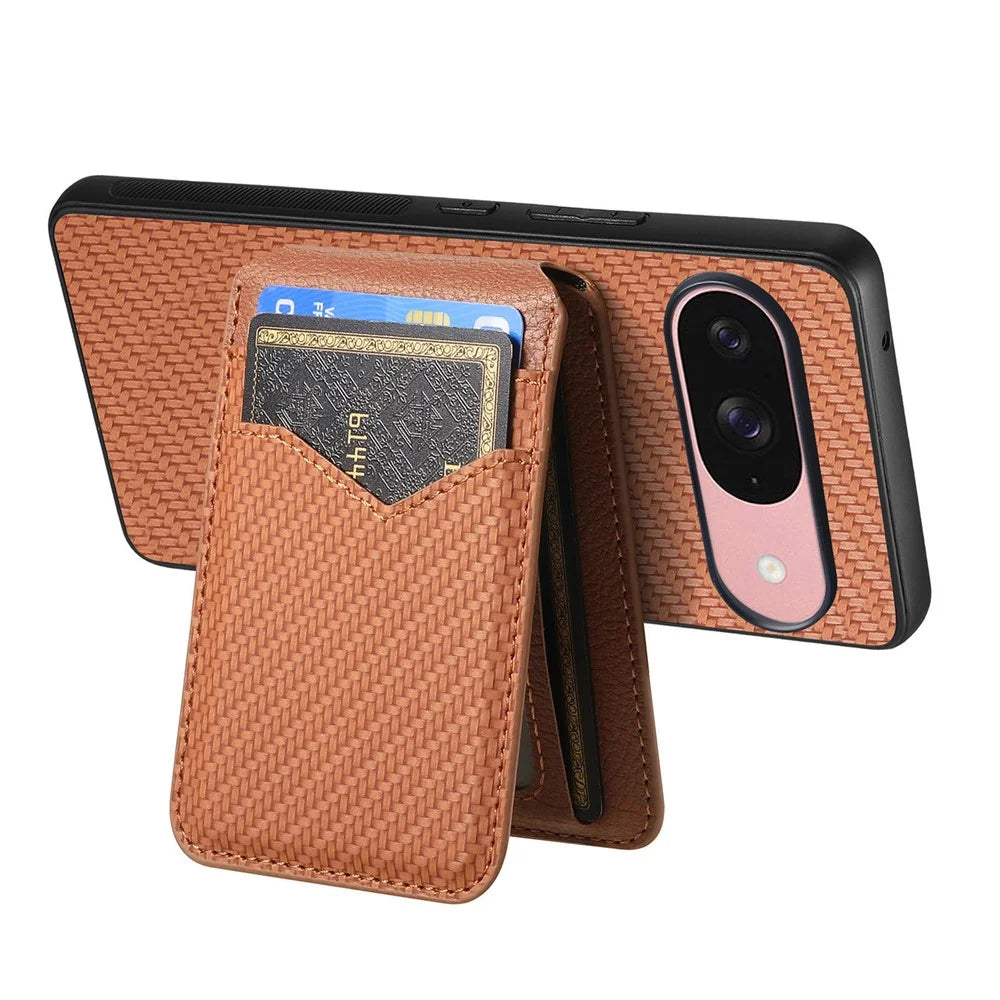 For Google Pixel 10 / 10 Pro Magnetic Case Carbon Fiber Texture Back Cover with Detachable Card Holder - Brown - 5