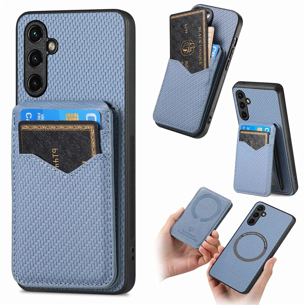 For Samsung Galaxy A18 5G / A18 4G / A17 5G / A17 4G Magnetic Case Carbon Fiber Texture Back Cover with Detachable Card Holder - Blue - 1