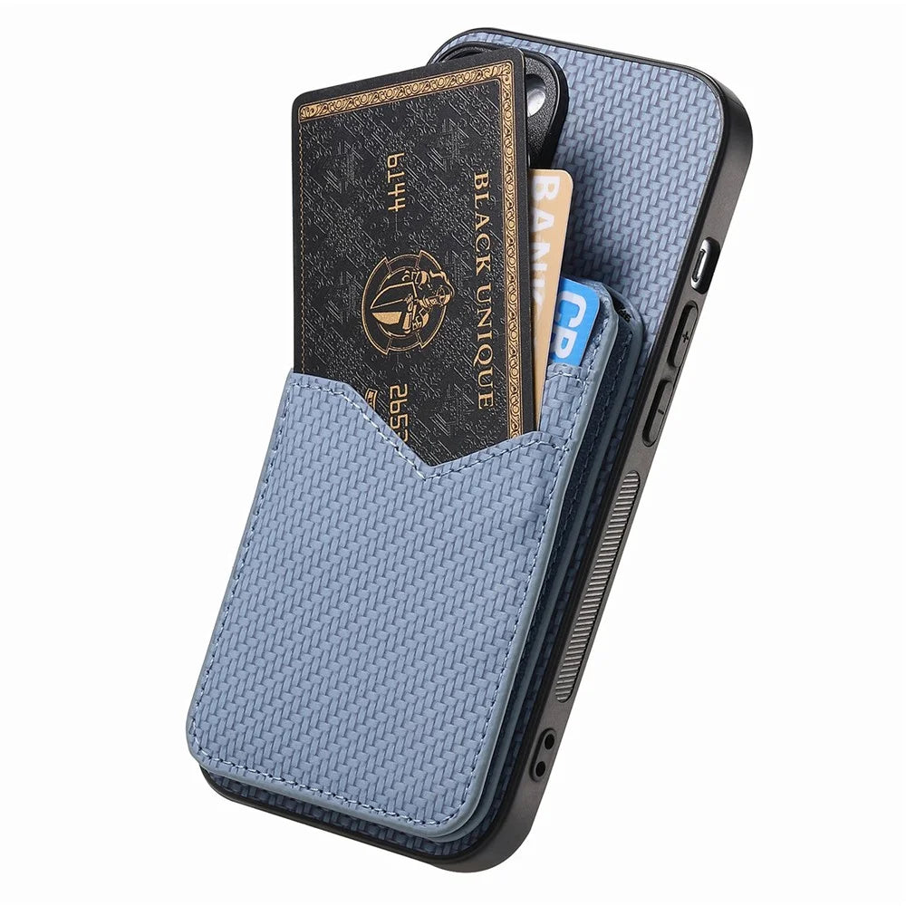 For Samsung Galaxy A18 5G / A18 4G / A17 5G / A17 4G Magnetic Case Carbon Fiber Texture Back Cover with Detachable Card Holder - Blue - 3