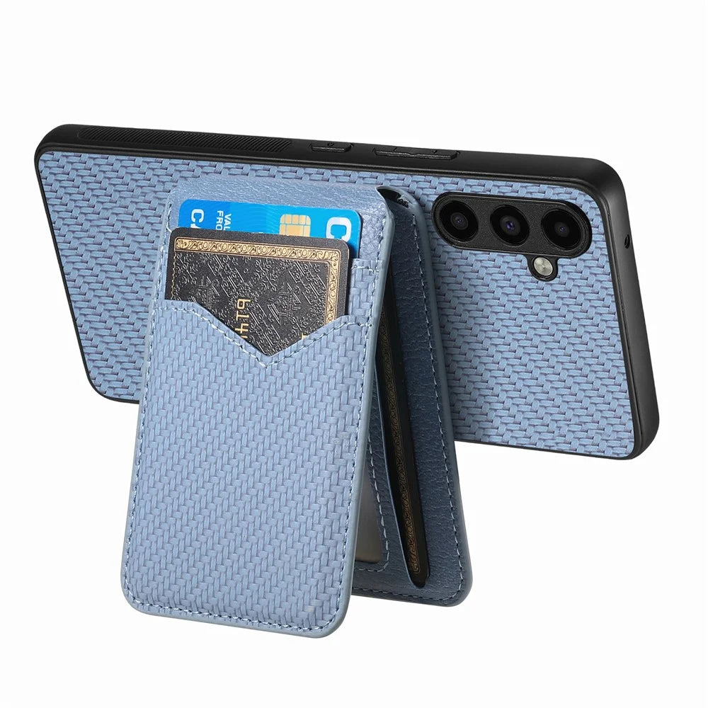 For Samsung Galaxy A18 5G / A18 4G / A17 5G / A17 4G Magnetic Case Carbon Fiber Texture Back Cover with Detachable Card Holder - Blue - 5