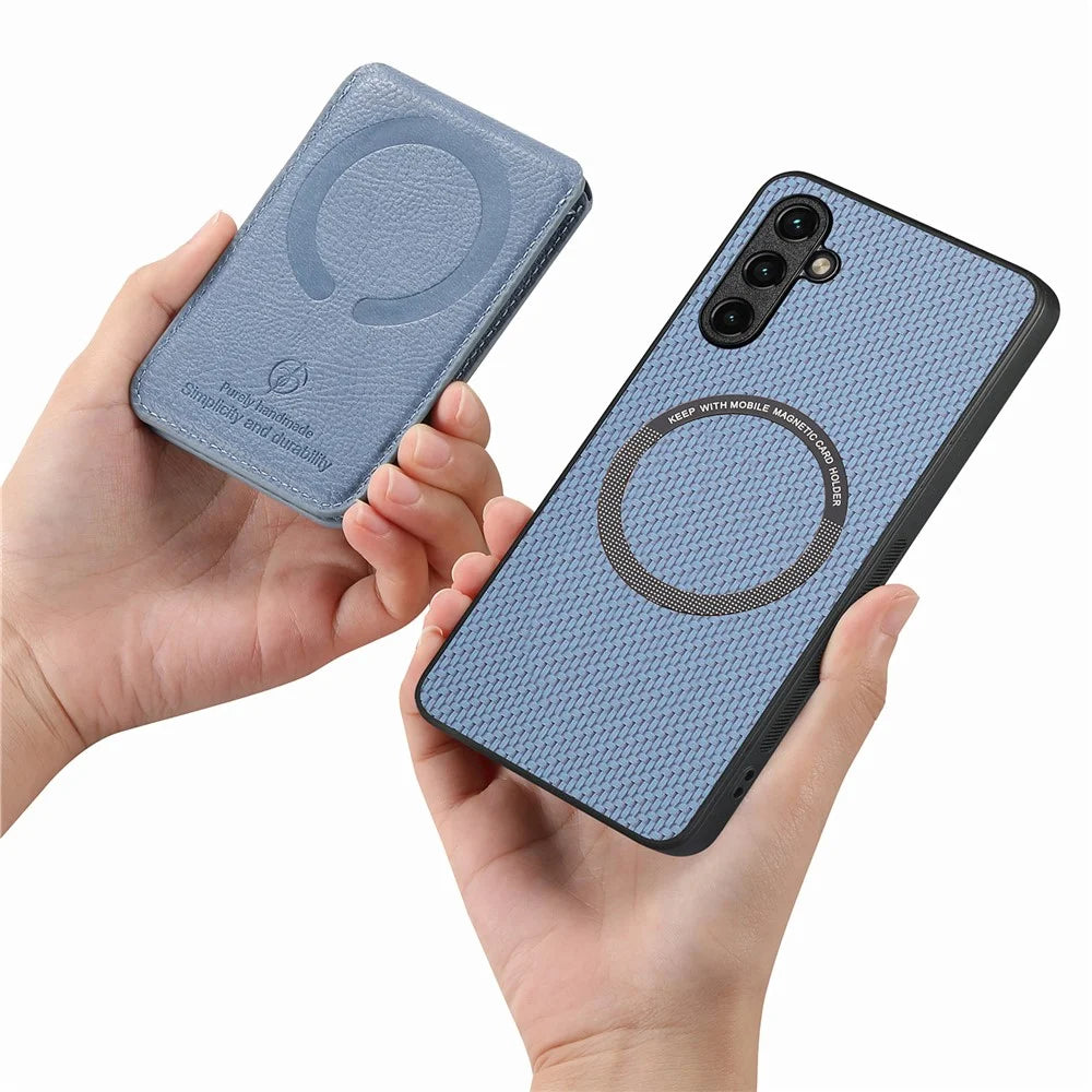 For Samsung Galaxy A18 5G / A18 4G / A17 5G / A17 4G Magnetic Case Carbon Fiber Texture Back Cover with Detachable Card Holder - Blue - 6