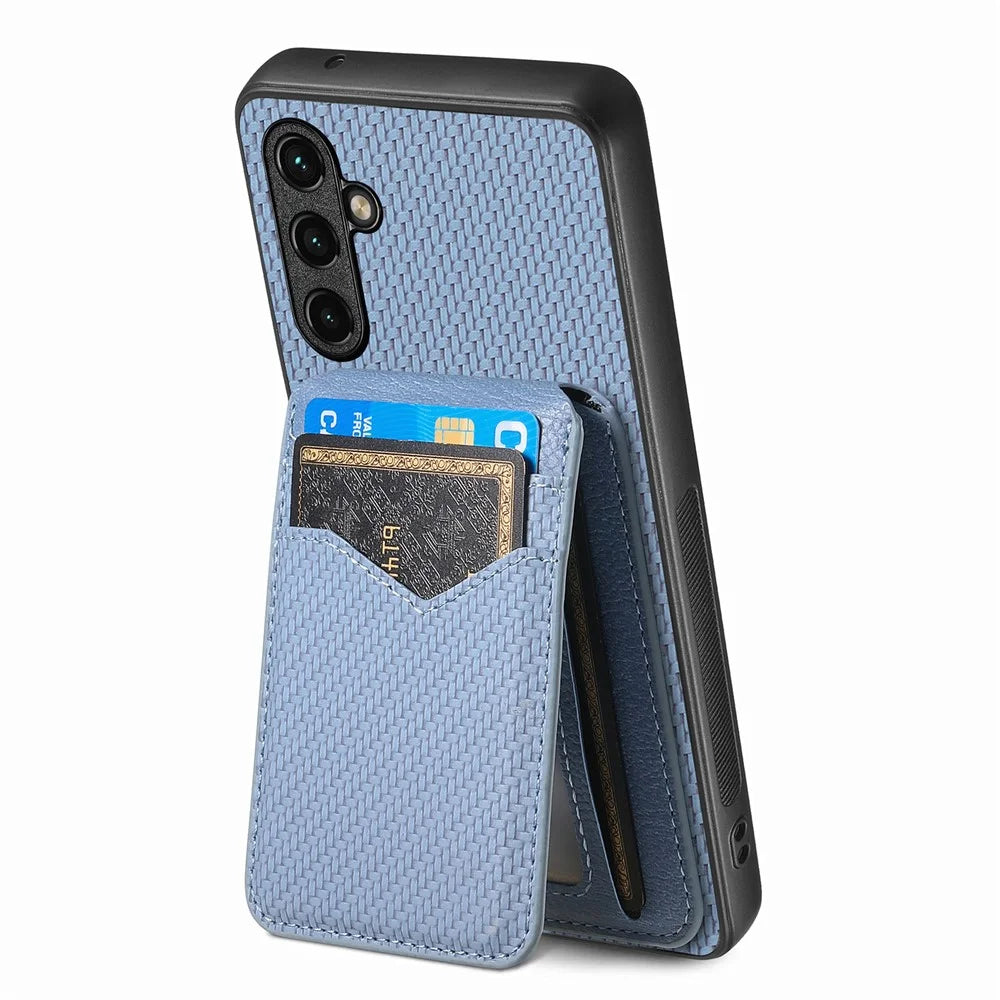 For Samsung Galaxy A56 5G Magnetic Case Carbon Fiber Texture Back Cover with Detachable Card Holder - Blue - 4