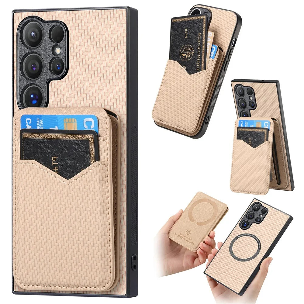 For Samsung Galaxy S25 Ultra Magnetic Case Carbon Fiber Texture Back Cover with Detachable Card Holder - Khaki - 1