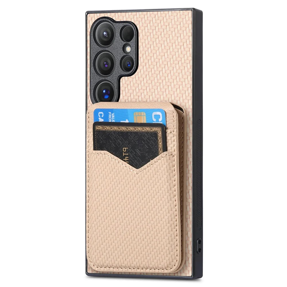 For Samsung Galaxy S25 Ultra Magnetic Case Carbon Fiber Texture Back Cover with Detachable Card Holder - Khaki - 2