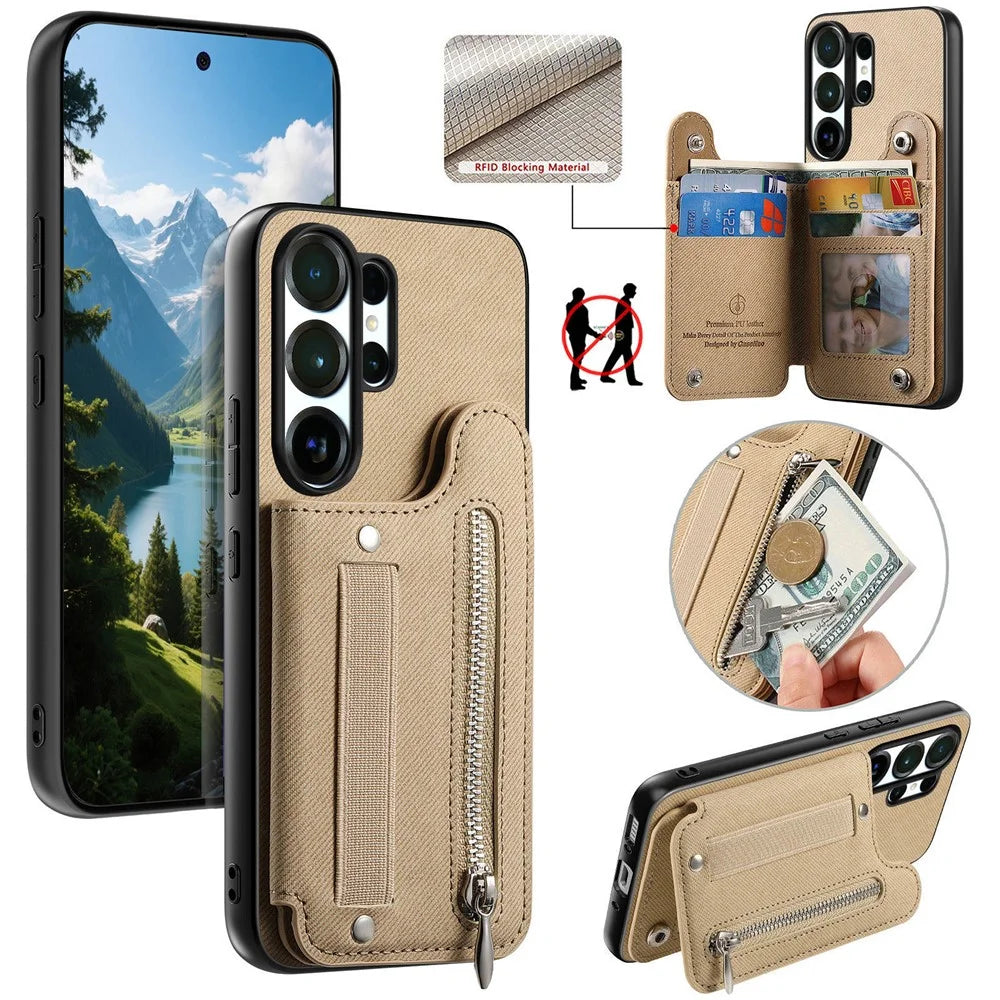 For Samsung Galaxy S26 Ultra Case RFID Blocking Card Holder Jeans Cloth Texture Leather Back Cover with Elastic Wristband - Khaki - 1