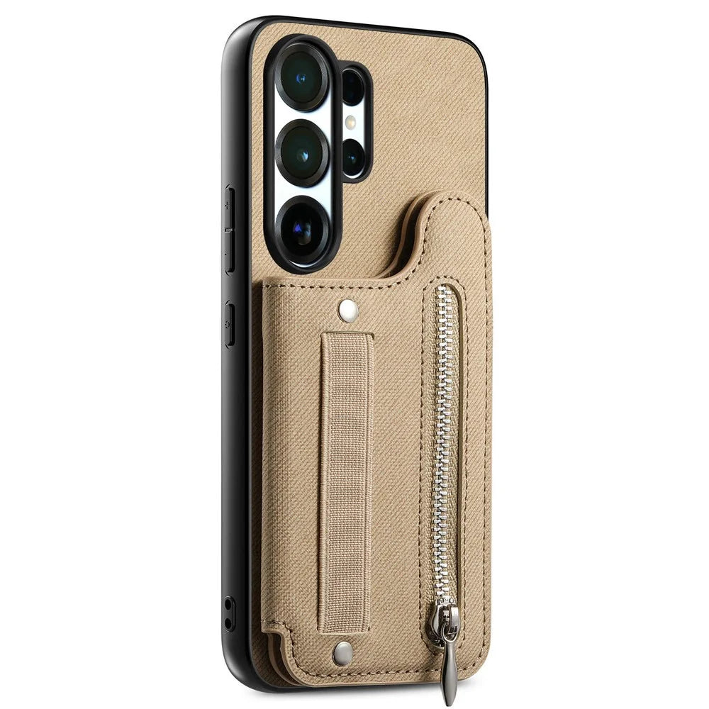For Samsung Galaxy S26 Ultra Case RFID Blocking Card Holder Jeans Cloth Texture Leather Back Cover with Elastic Wristband - Khaki - 2