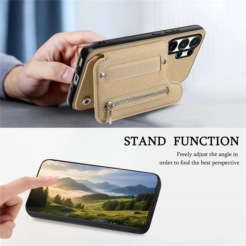 For Samsung Galaxy S26 Ultra Case RFID Blocking Card Holder Jeans Cloth Texture Leather Back Cover with Elastic Wristband - Khaki - 5