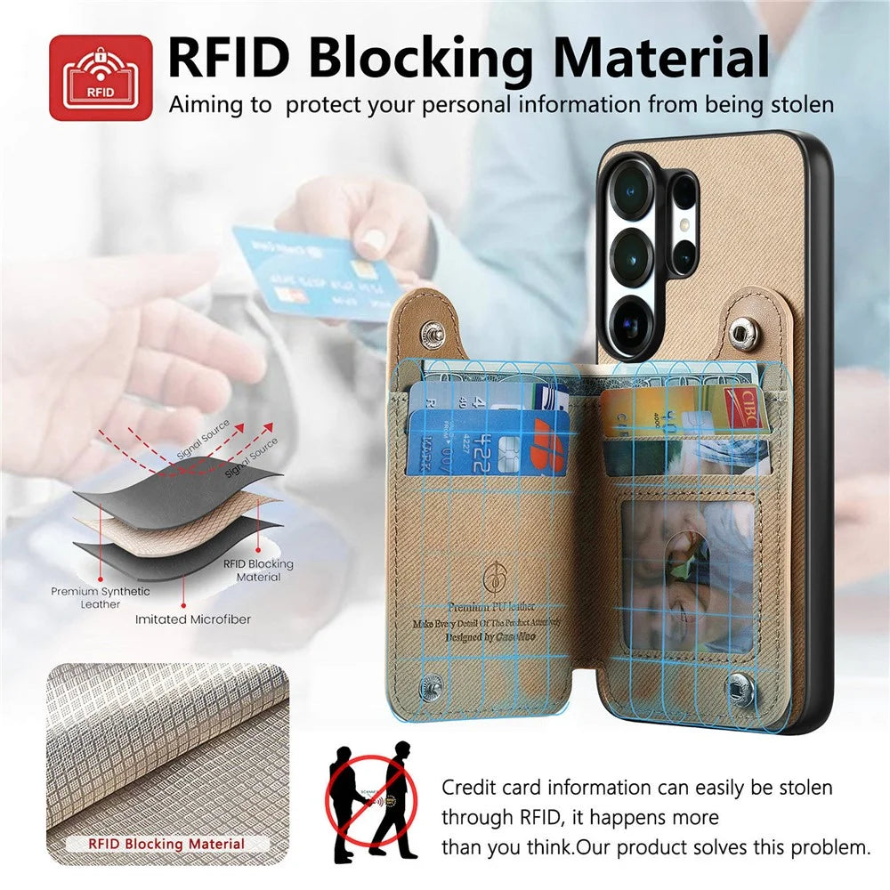 For Samsung Galaxy S26 Ultra Case RFID Blocking Card Holder Jeans Cloth Texture Leather Back Cover with Elastic Wristband - Khaki - 7