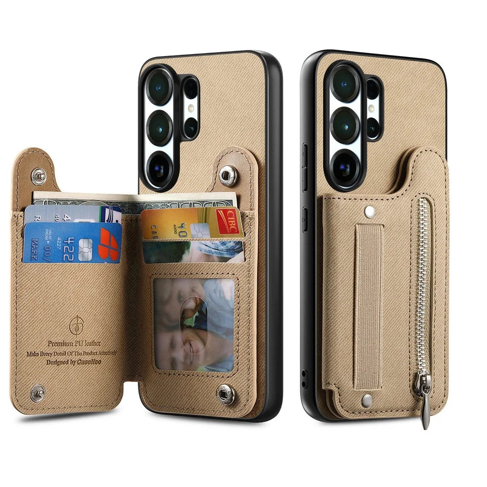 For Samsung Galaxy S25 Ultra Case RFID Blocking Card Holder Jeans Cloth Texture Leather Back Cover with Elastic Wristband - Khaki - 3