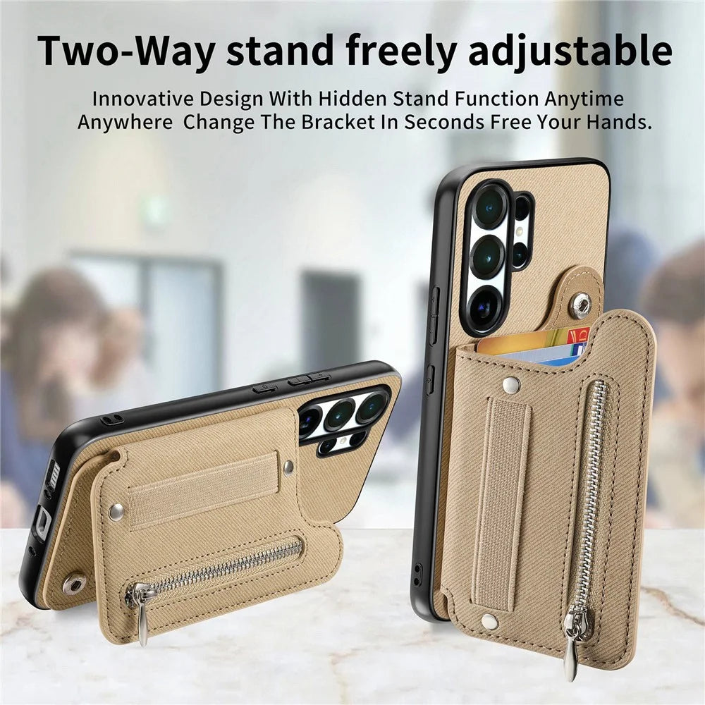 For Samsung Galaxy S25 Ultra Case RFID Blocking Card Holder Jeans Cloth Texture Leather Back Cover with Elastic Wristband - Khaki - 6