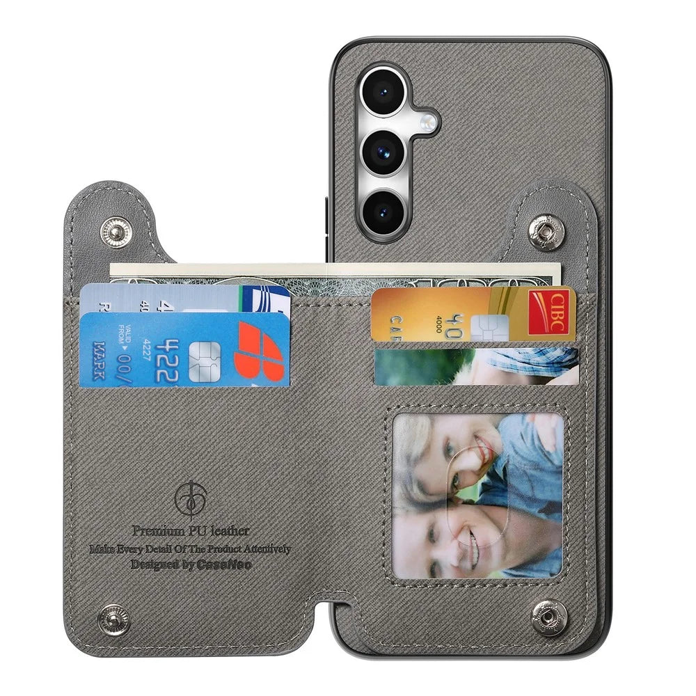 For Samsung Galaxy A36 5G Case RFID Blocking Card Holder Jeans Cloth Texture Leather Back Cover with Elastic Wristband - Grey - 5