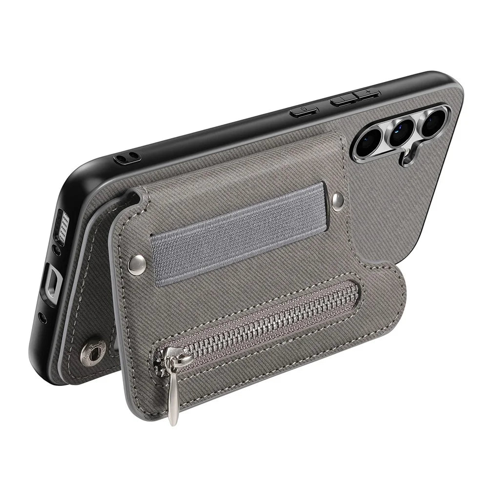 Phone Case For Samsung Galaxy A16 5G / 4G RFID Blocking Card Holder Jeans Cloth Texture Leather Back Cover with Elastic Wristband - Grey - 3