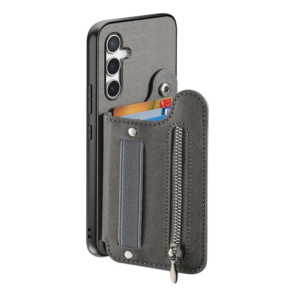 Phone Case For Samsung Galaxy A16 5G / 4G RFID Blocking Card Holder Jeans Cloth Texture Leather Back Cover with Elastic Wristband - Grey - 4