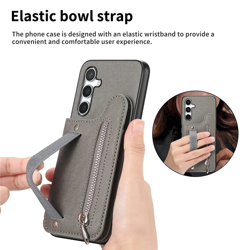 Phone Case For Samsung Galaxy A16 5G / 4G RFID Blocking Card Holder Jeans Cloth Texture Leather Back Cover with Elastic Wristband - Grey - 6