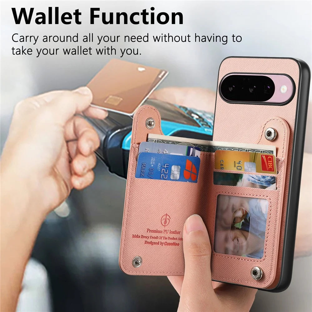 Magnetic Case For Google Pixel 10 Pro  /  10 RFID Blocking Jeans Cloth Texture Leather Back Cover with Elastic Wristband - Pink - 6