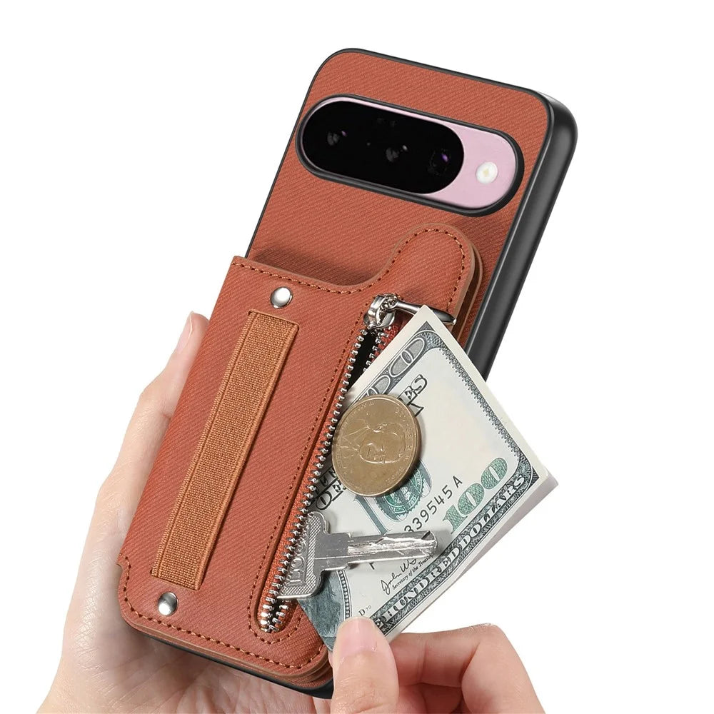 For Google Pixel 10 Pro XL Case RFID Blocking Card Holder Jeans Cloth Texture Leather Back Cover with Elastic Wristband - Brown - 5