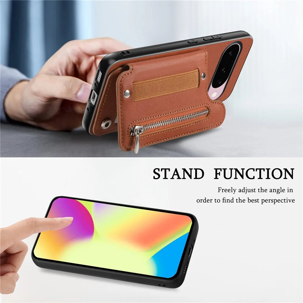 For Google Pixel 10 Pro XL Case RFID Blocking Card Holder Jeans Cloth Texture Leather Back Cover with Elastic Wristband - Brown - 7