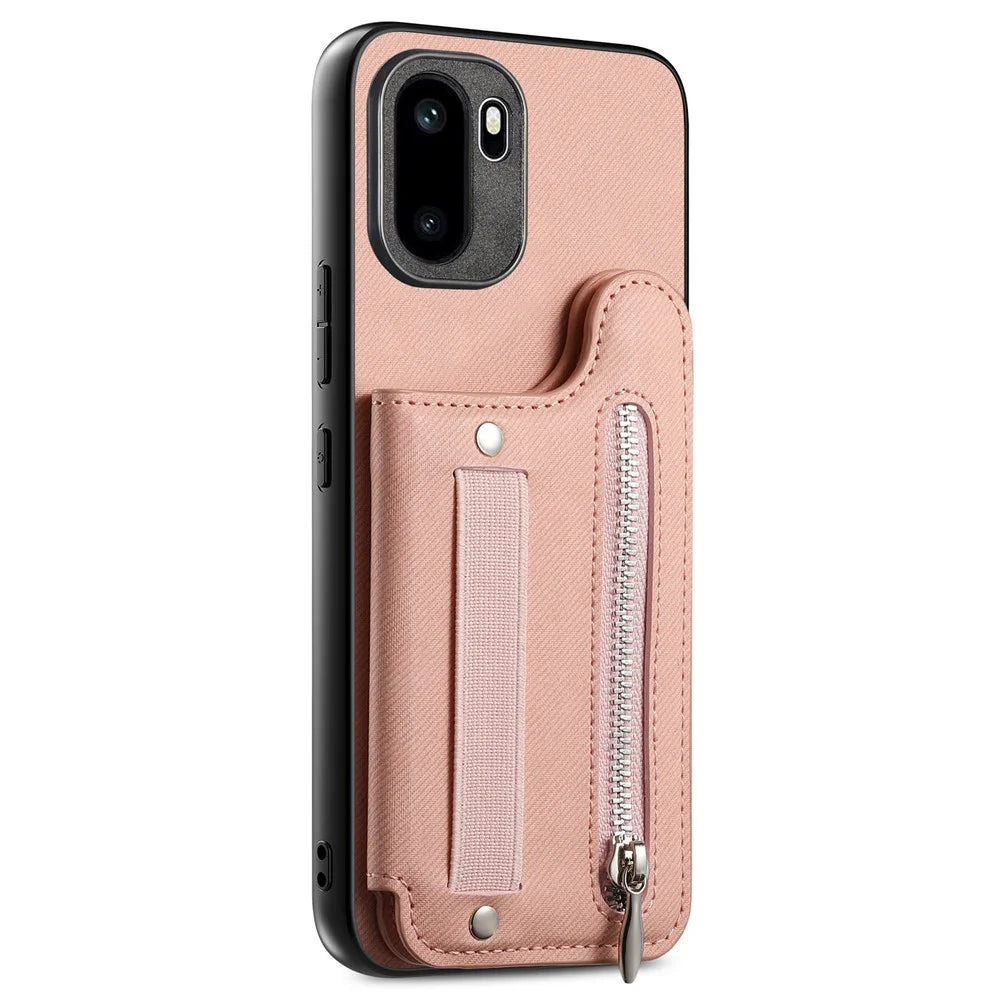 Phone Case For OnePlus Ace 6T 5G / 6 5G RFID Blocking Card Holder Jeans Cloth Texture Leather Back Cover with Elastic Wristband - Pink - 2
