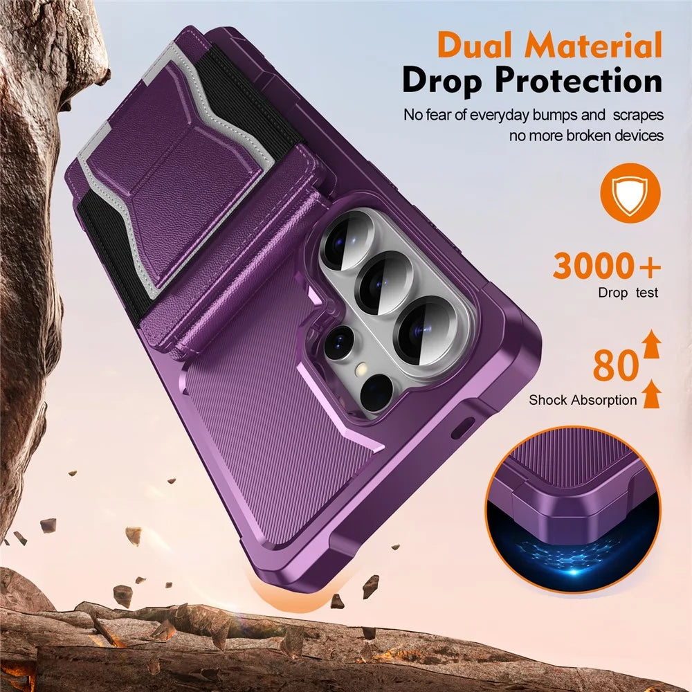 For Samsung Galaxy S26 Ultra Case Elastic Band Card Holder Leather + TPU Kickstand Phone Cover - Purple - 6