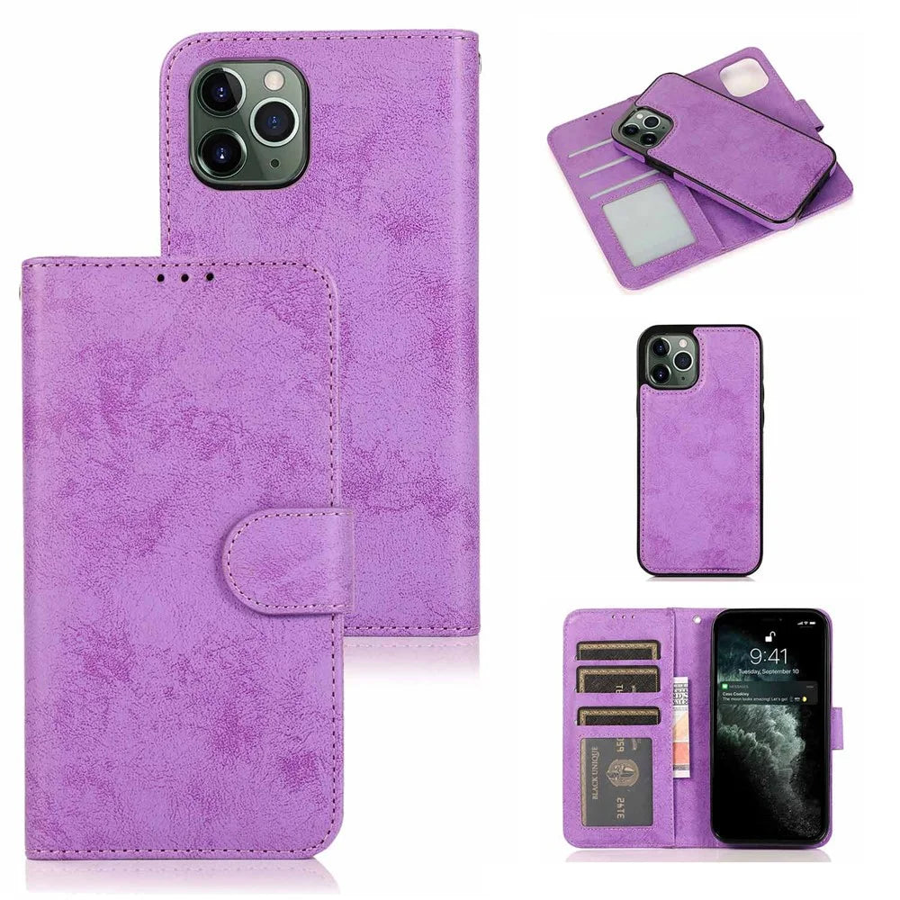For iPhone 12  /  12 Pro Wallet Case Retro Matte Magnetic Detachable PU Leather TPU Phone Cover - Purple - 1