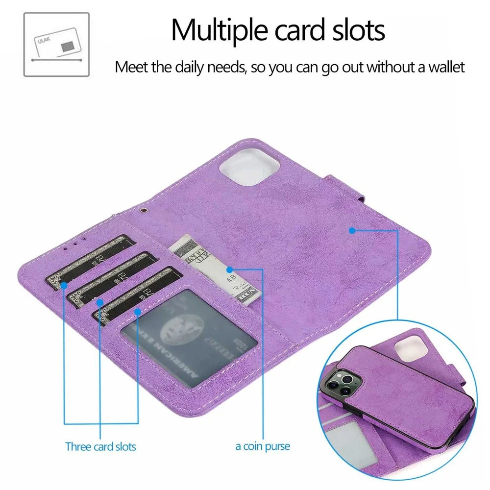 For iPhone 12  /  12 Pro Wallet Case Retro Matte Magnetic Detachable PU Leather TPU Phone Cover - Purple - 2