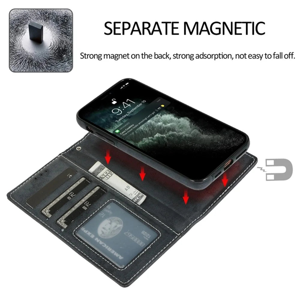 For iPhone 13 Wallet Case Retro Matte Magnetic Detachable PU Leather TPU Phone Cover - Black - 4