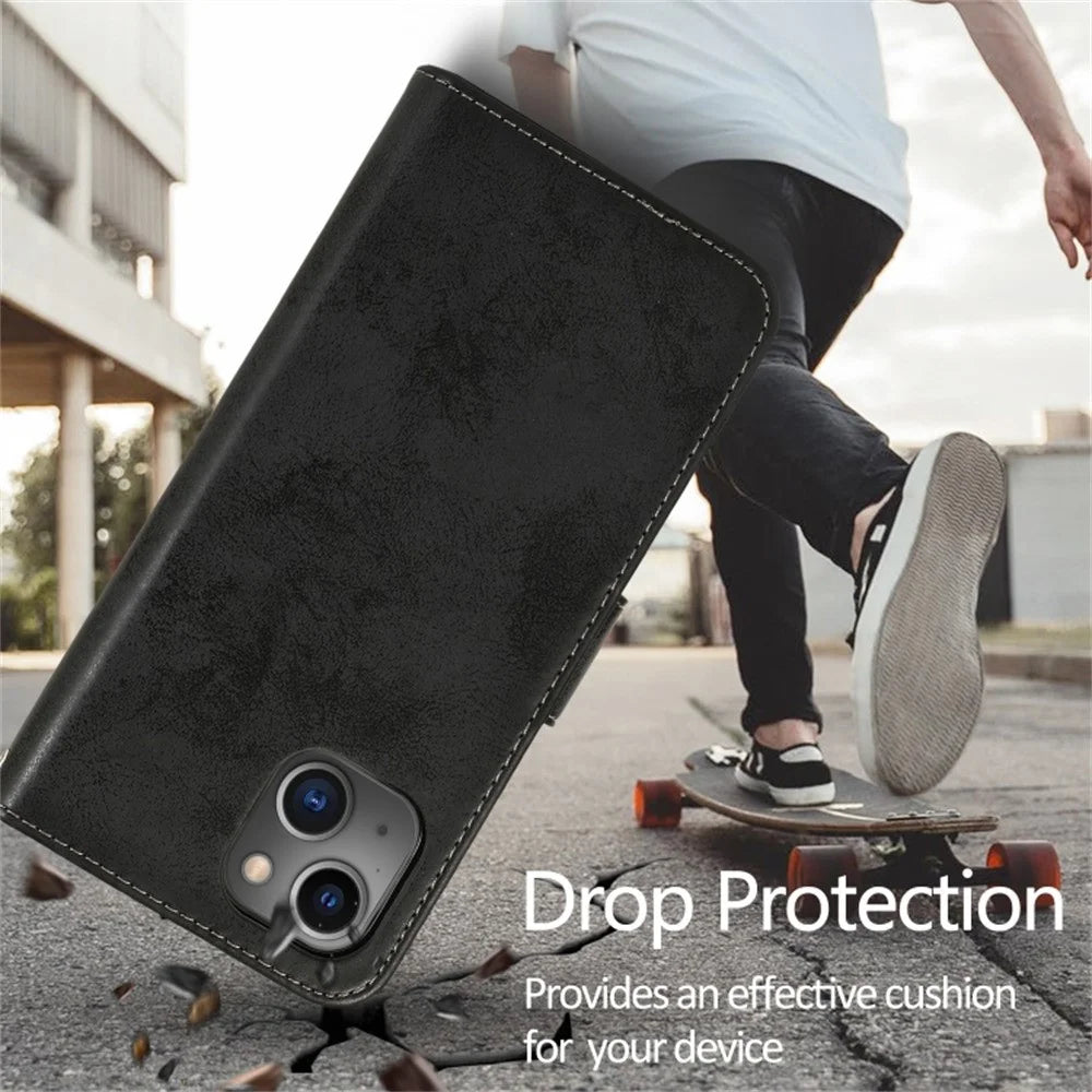 For iPhone 13 Wallet Case Retro Matte Magnetic Detachable PU Leather TPU Phone Cover - Black - 6