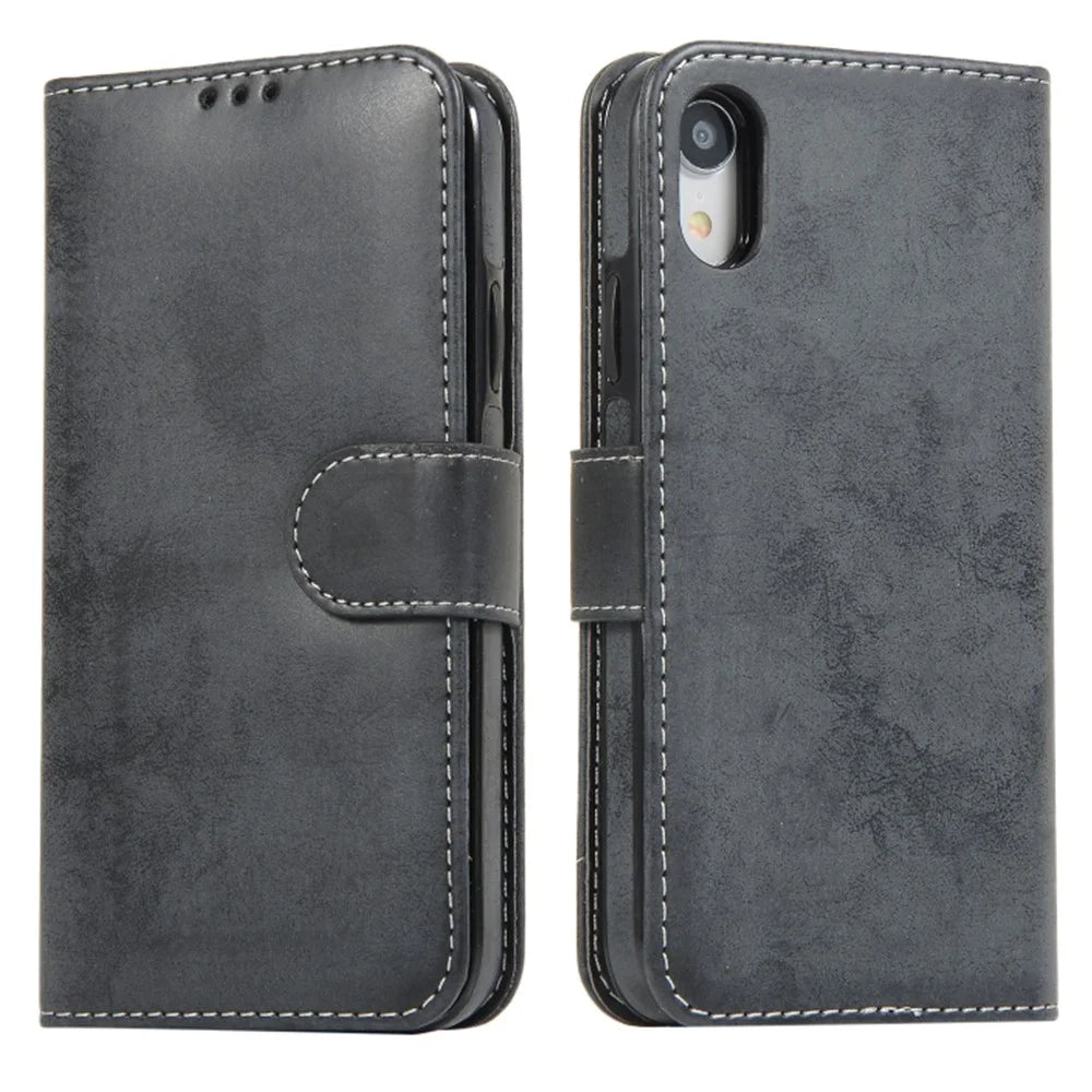 For iPhone XR Wallet Case Retro Matte Magnetic Detachable PU Leather TPU Phone Cover - Black - 1