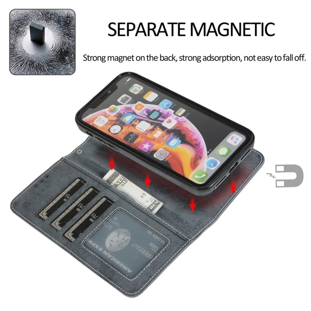 For iPhone XR Wallet Case Retro Matte Magnetic Detachable PU Leather TPU Phone Cover - Black - 3
