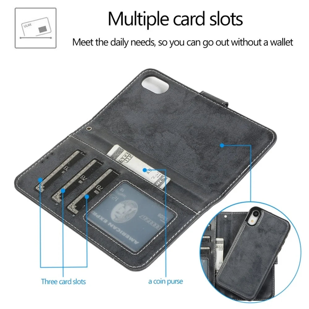 For iPhone XR Wallet Case Retro Matte Magnetic Detachable PU Leather TPU Phone Cover - Black - 4