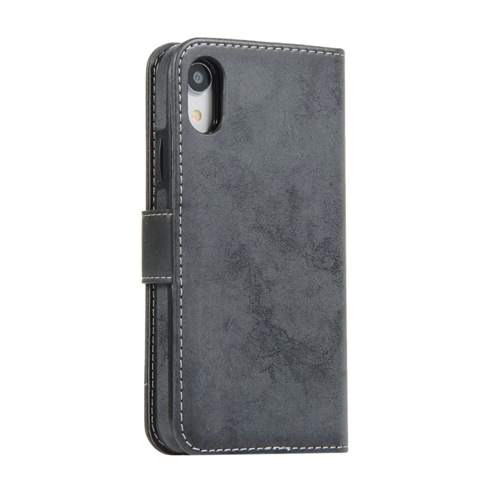 For iPhone XR Wallet Case Retro Matte Magnetic Detachable PU Leather TPU Phone Cover - Black - 7