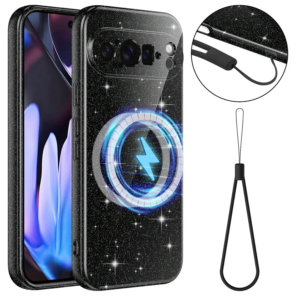 For Google Pixel 9 Pro Magnetic Case Glitter TPU Shockproof Phone Cover with Lanyard - Black - 1