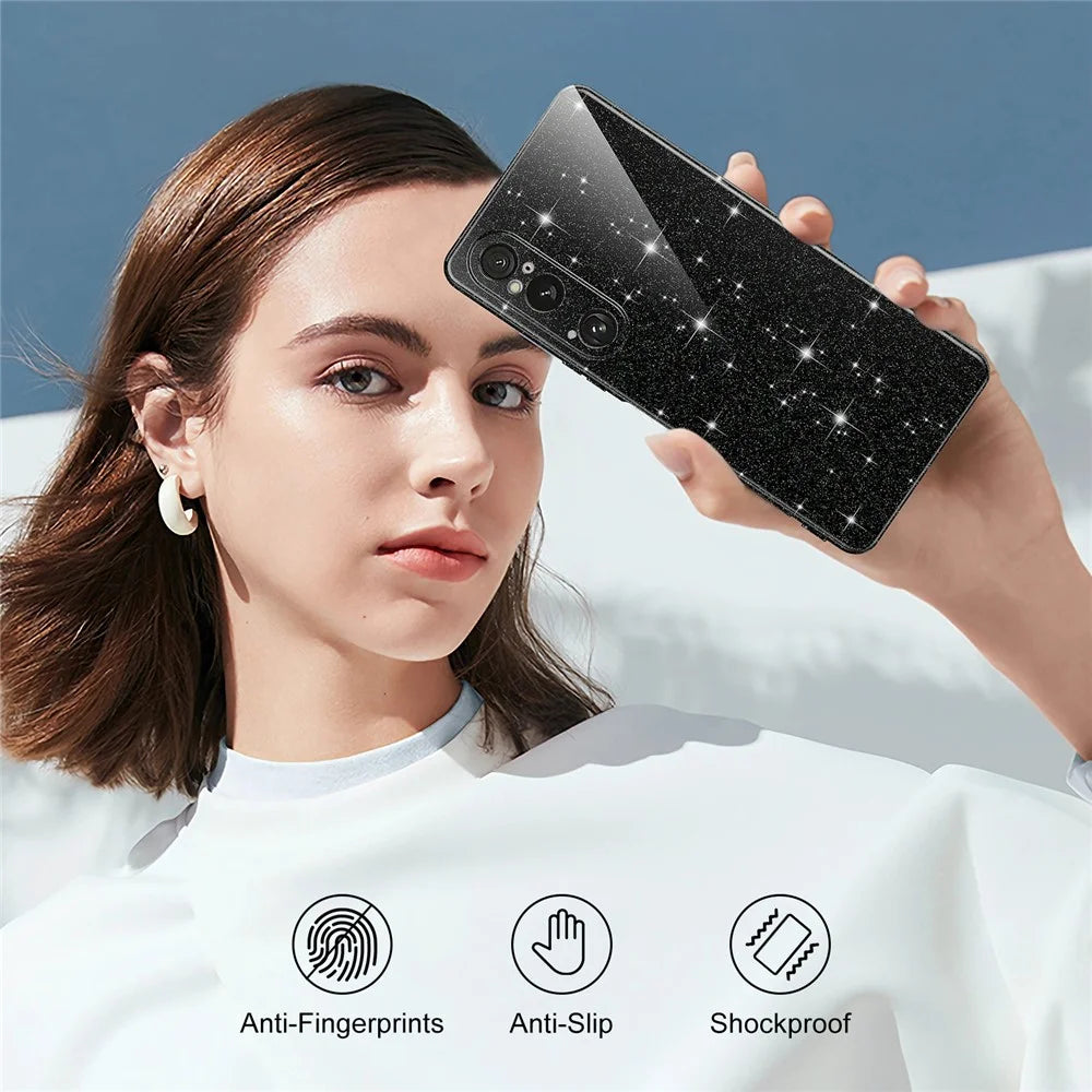 For Sony Xperia 1 VI Magnetic Case Glitter TPU Shockproof Phone Cover with Lanyard - Black - 7