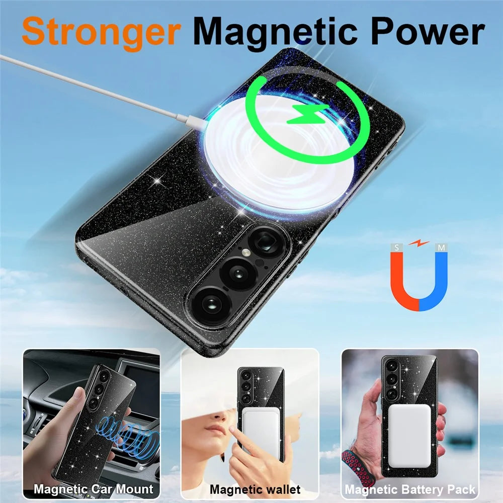 For Sony Xperia 1 VII Magnetic Case Glitter TPU Shockproof Phone Cover with Lanyard - Black - 2