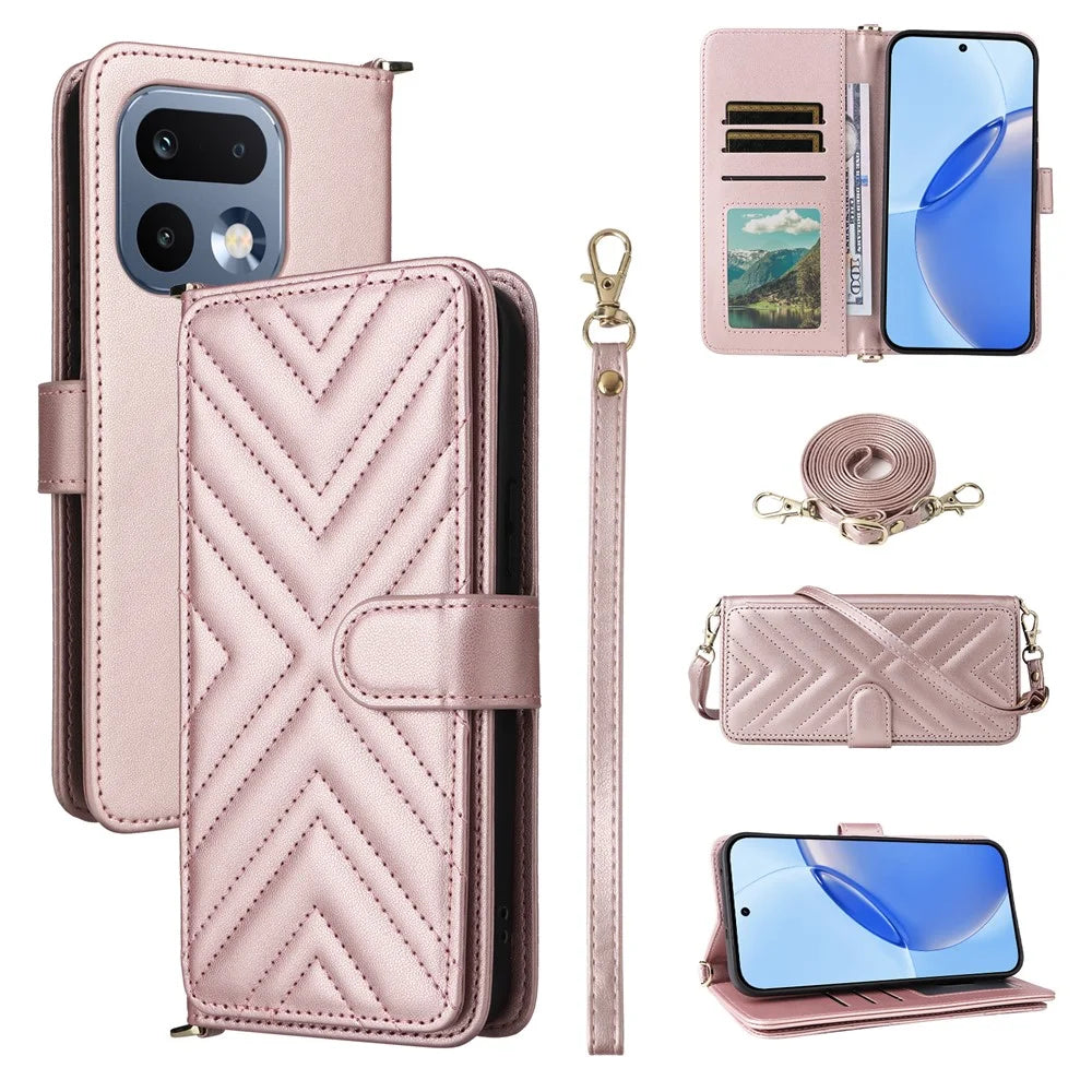 For Realme 16 Pro 5G Leather Case Stand Wallet Phone Cover with Shoulder / Wrist Strap - Pink - 1
