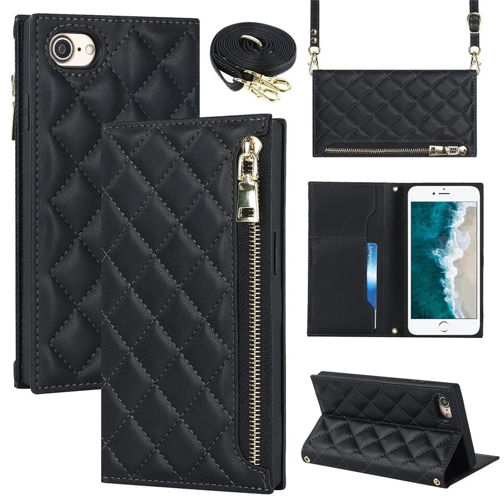 For iPhone 7 / 8 4.7 inch / SE (2020) / SE (2022) Rhombus Imprinted Phone Stand Case PU Leather Zipper Pocket Wallet Cover with Shoulder Strap - Black - 1