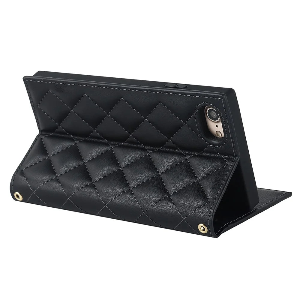 For iPhone 7 / 8 4.7 inch / SE (2020) / SE (2022) Rhombus Imprinted Phone Stand Case PU Leather Zipper Pocket Wallet Cover with Shoulder Strap - Black - 4