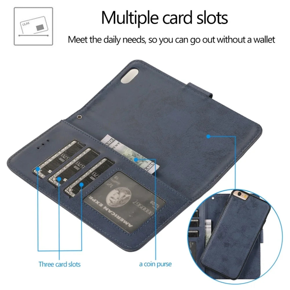 For iPhone 6 Plus  /  6s Plus Wallet Case Retro Matte Magnetic Detachable PU Leather TPU Phone Cover - Dark Blue - 4