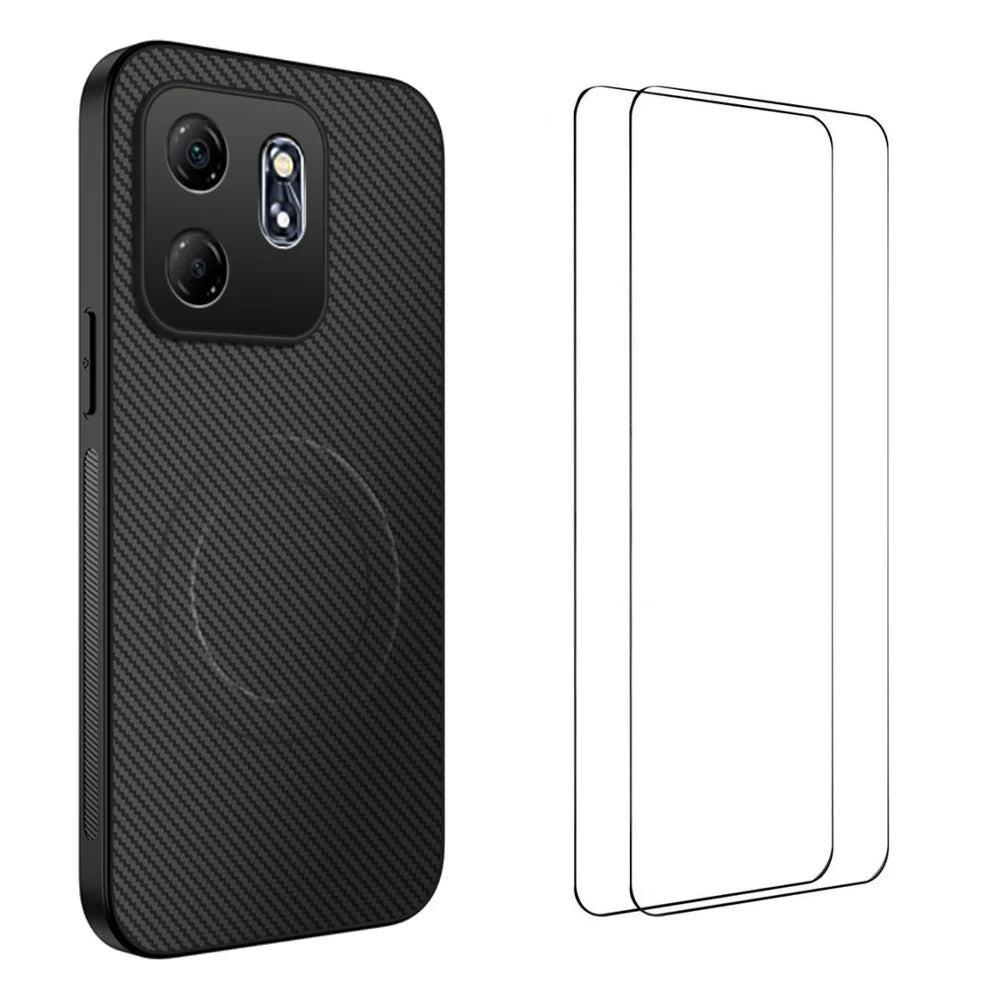 WANLONFENG For Oppo Reno15 F 5G Magnetic Case  TQ1 Series Carbon Fiber Texture PC TPU Phone Cover with 2Pcs Screen Films - Black - 1