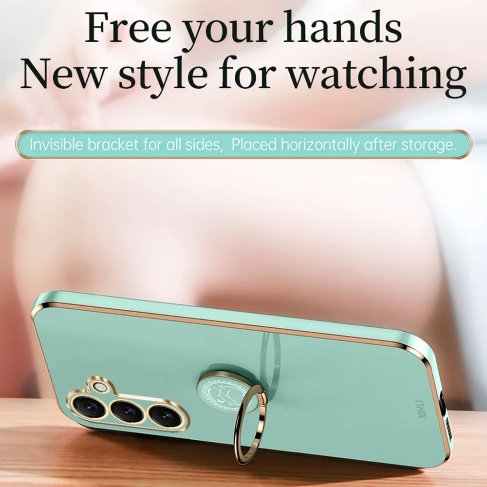 XINLI For Samsung Galaxy S26 Phone Case Ring Kickstand Electroplating TPU Sweatproof Protection Phone Cover - Cyan - 3