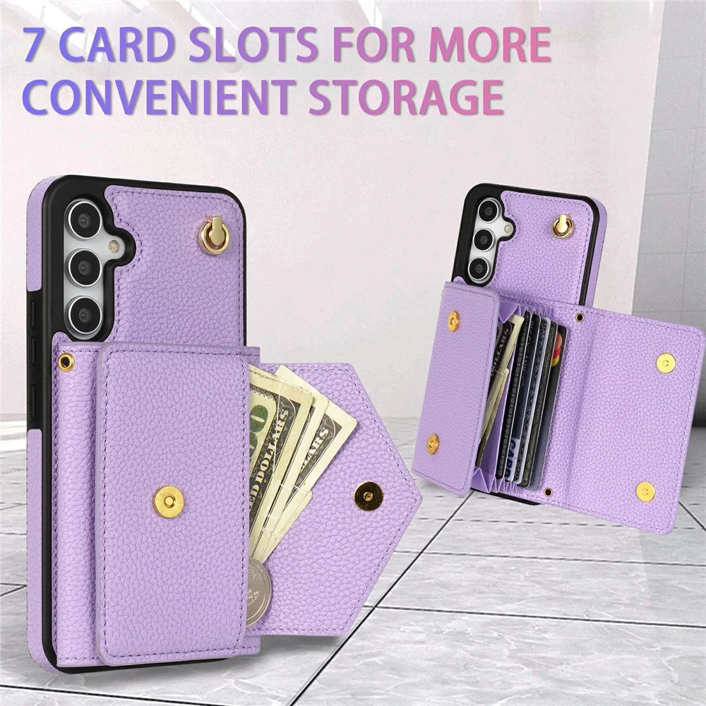 For Samsung Galaxy S26+ Case Card Slots PU+TPU Cell Phone Cover with Long Strap - Purple - 7