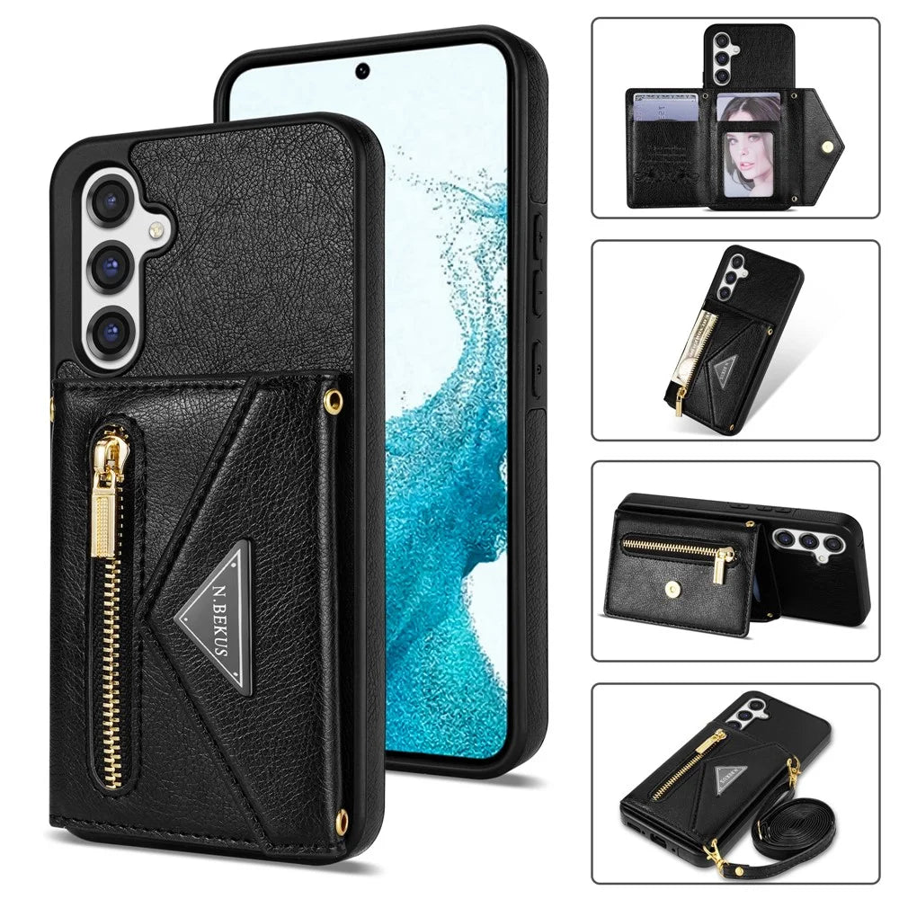 N.BEKUS For Samsung Galaxy S26 Leather Zipper Case Card Holder Phone Cover with Shoulder Strap - Black - 1