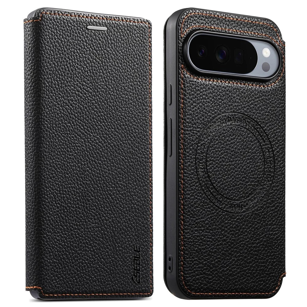 ESEBLE Magnetic Case For Google Pixel 10 Pro XL / Pixel 9 Pro XL Ultra Thin Litching Textured Leather Flip Cover with Card Slot - Black - 1
