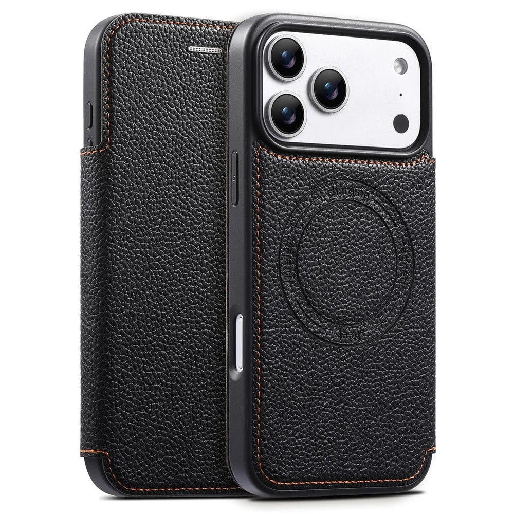 ESEBLE For iPhone 17 Pro Max Magnetic Case Ultra Thin Litching Textured Leather Flip Cover with Card Slot Compatible with Magsafe - Black - 1
