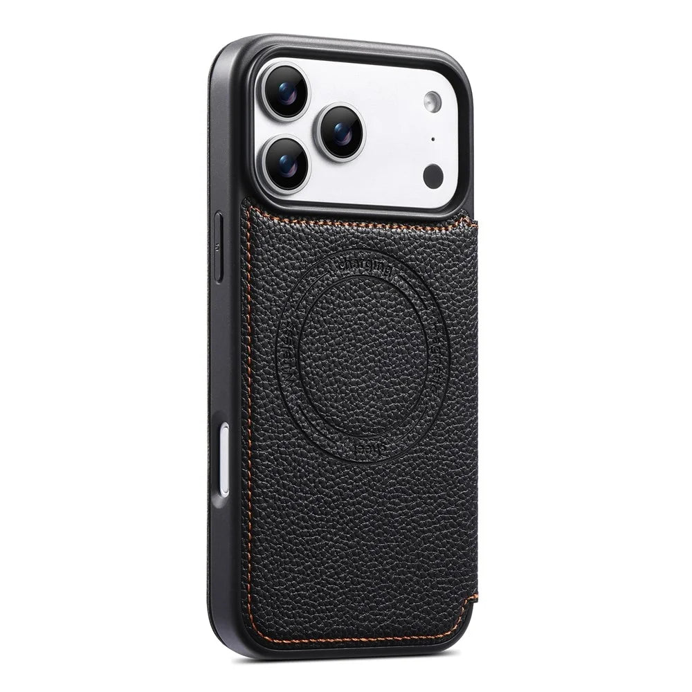 ESEBLE For iPhone 17 Pro Max Magnetic Case Ultra Thin Litching Textured Leather Flip Cover with Card Slot Compatible with Magsafe - Black - 6