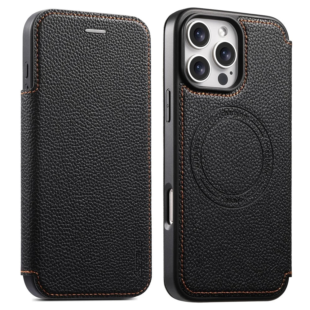 ESEBLE For iPhone 16 Pro Magnetic Case Ultra Thin Litching Textured Leather Flip Cover with Card Slot Compatible with Magsafe - Black - 1